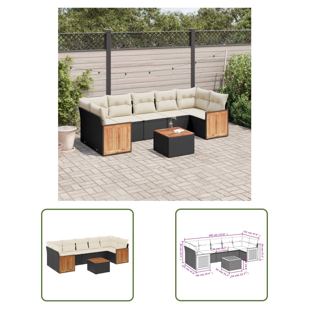 The Living Store 8-cz. zestaw wypoczynkowy do ogrodu - z poduszkami - czarny - Sofa Ogrodowa