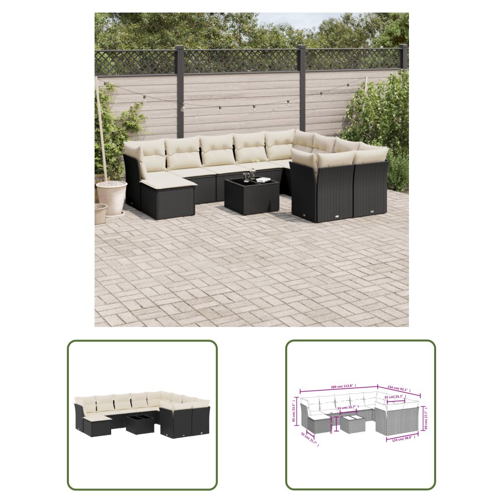 The Living Store 11-cz. zestaw wypoczynkowy do ogrodu - poduszki czarny rattan PE - Sofa Ogrodowa
