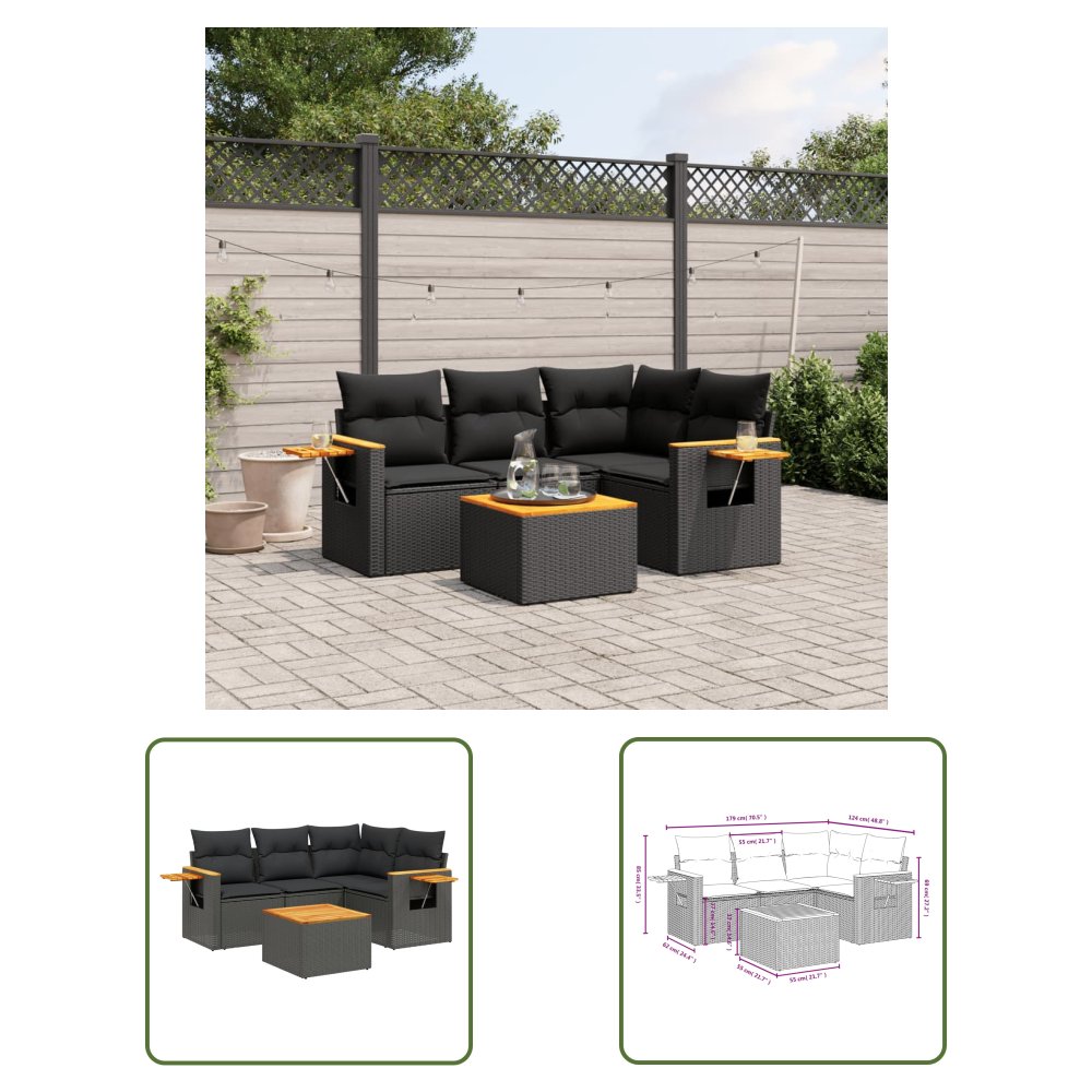 The Living Store 5-cz. zestaw wypoczynkowy do ogrodu - poduszki - czarny rattan PE - Sofa Ogrodowa