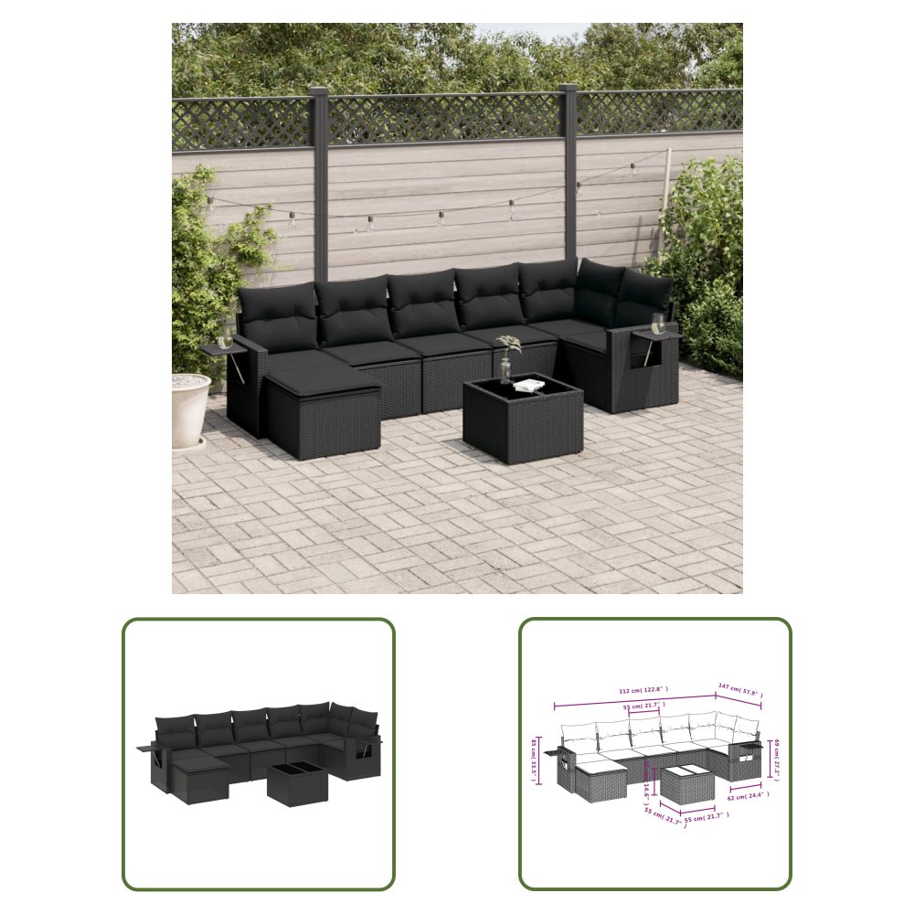 The Living Store 8-cz. zestaw wypoczynkowy do ogrodu - z poduszkami - czarny - Sofa Ogrodowa