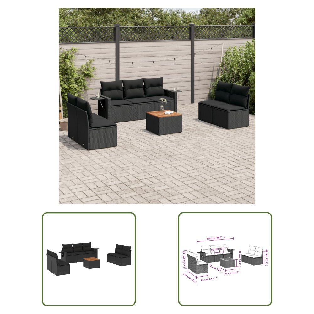 The Living Store 8-cz. zestaw wypoczynkowy do ogrodu - z poduszkami - czarny - Sofa Ogrodowa