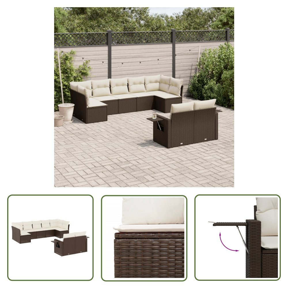 The Living Store 9-cz. zestaw mebli ogrodowych z poduszkami - brązowy - polirattan - Sofa Ogrodowa