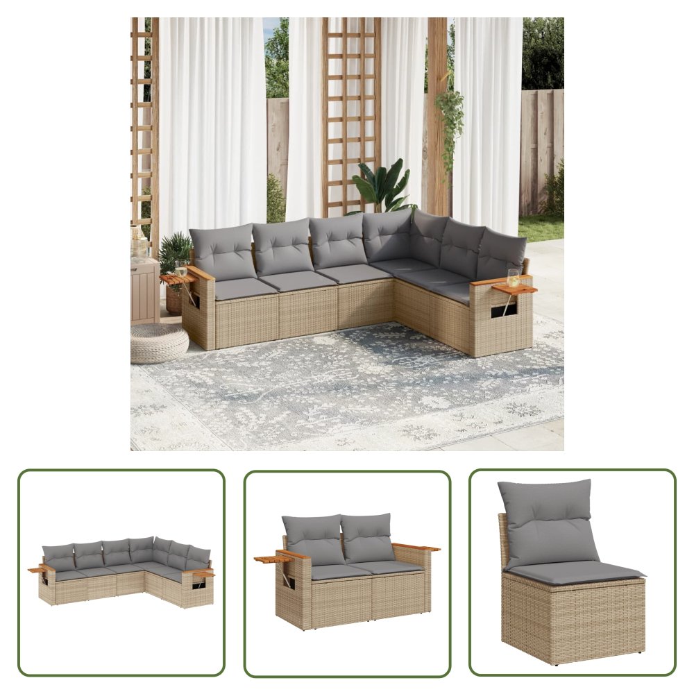 The Living Store 6-cz. zestaw mebli ogrodowych z poduszkami - beżowy - polirattan - Sofa Ogrodowa