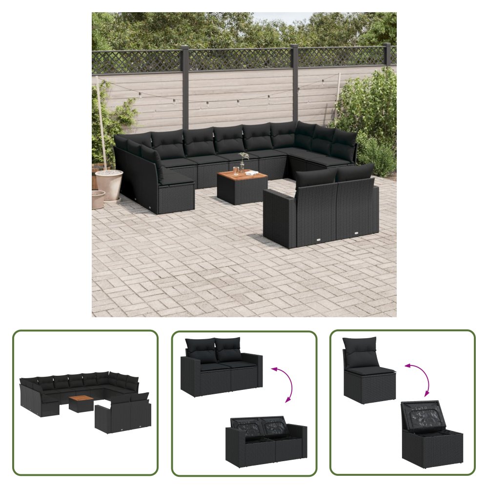 The Living Store 13-cz. zestaw mebli do ogrodu - poduszki - czarny - rattan PE - Sofa Ogrodowa