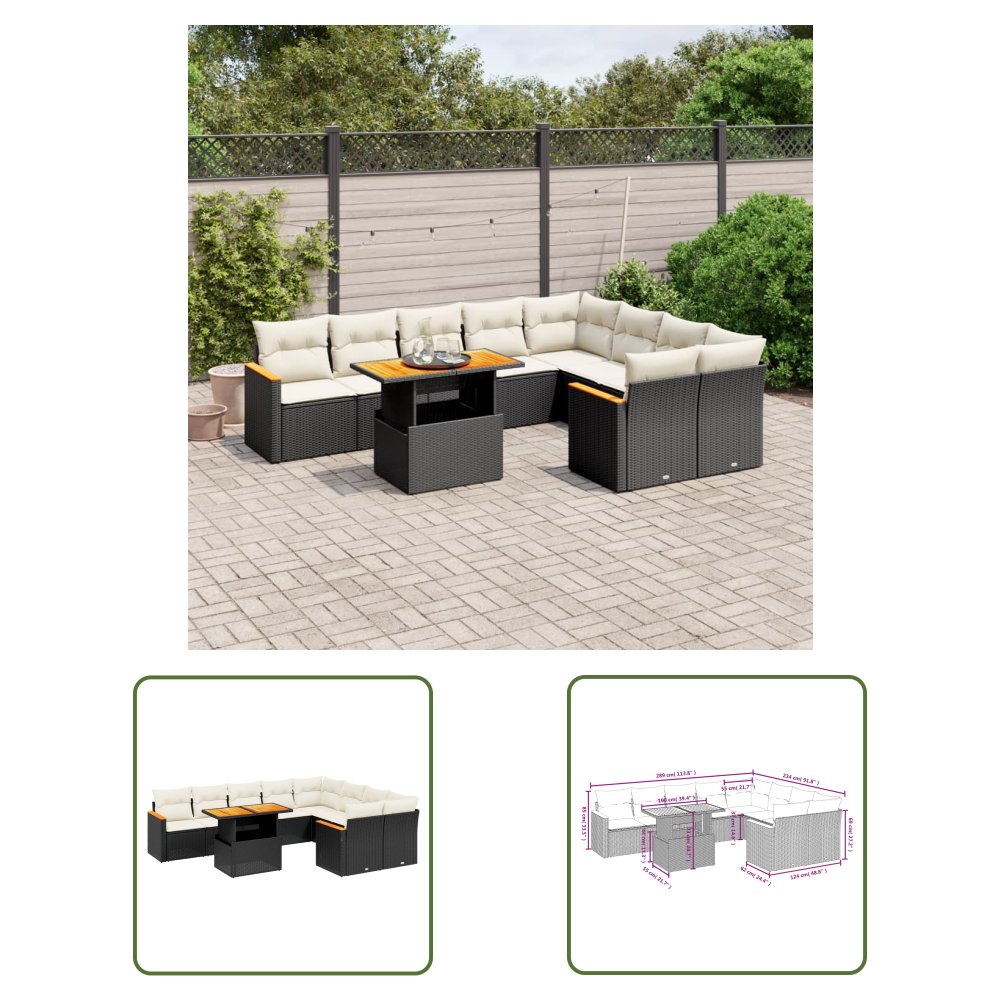 The Living Store 10-cz. zestaw wypoczynkowy do ogrodu - poduszki czarny rattan PE - Sofa Ogrodowa