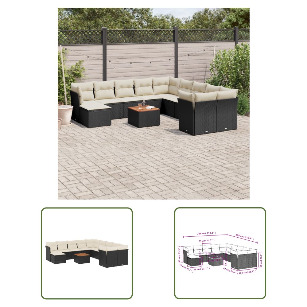 The Living Store 12-cz. zestaw mebli do ogrodu - z poduszkami - czarny - polirattan - Sofa Ogrodowa