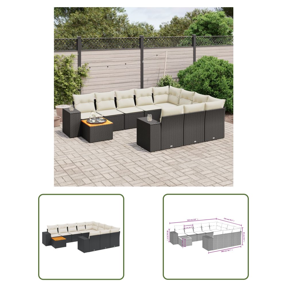 The Living Store 11-cz. zestaw wypoczynkowy do ogrodu - poduszki czarny rattan PE - Sofa Ogrodowa