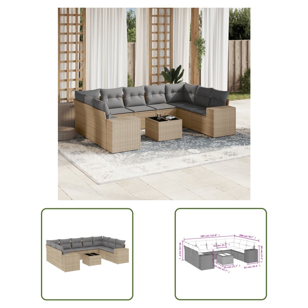 The Living Store 10-cz. zestaw mebli ogrodowych z poduszkami - beżowy - polirattan - Sofa Ogrodowa