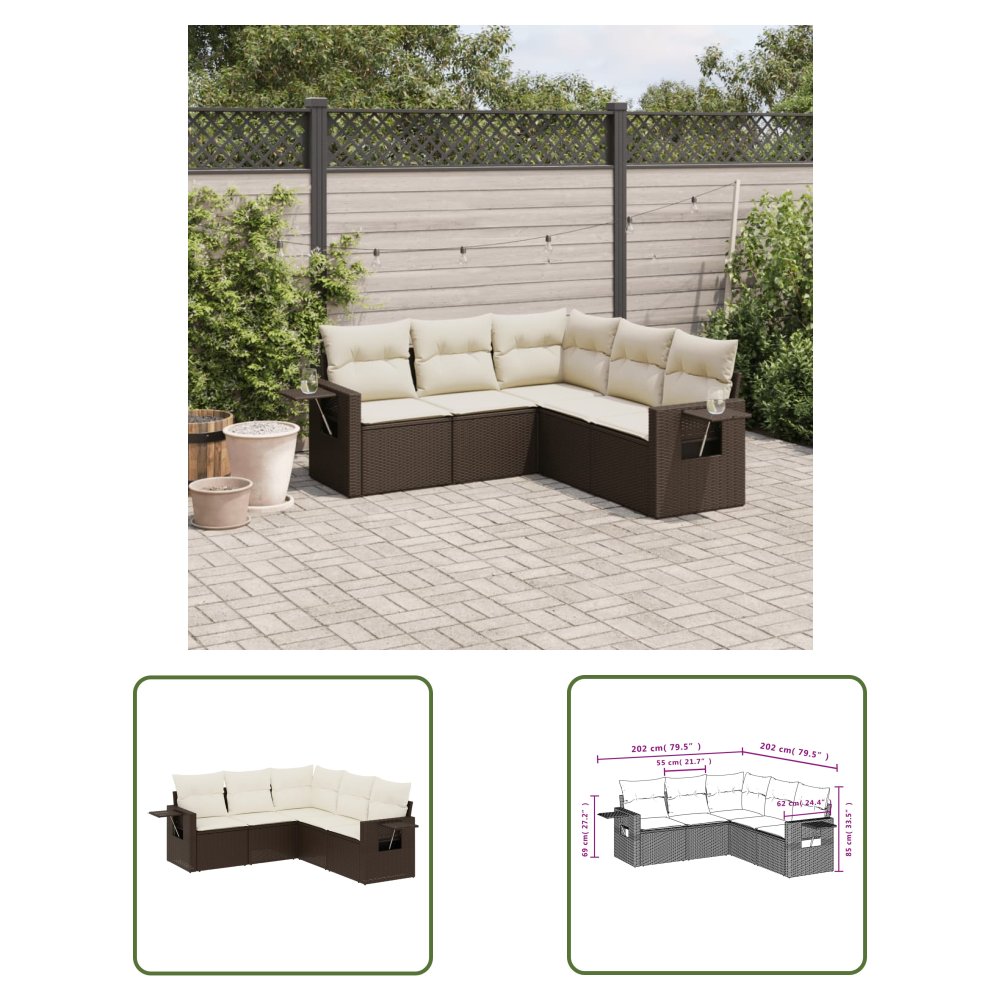 The Living Store 5-cz. zestaw mebli ogrodowych z poduszkami - brązowy - polirattan - Sofa Ogrodowa