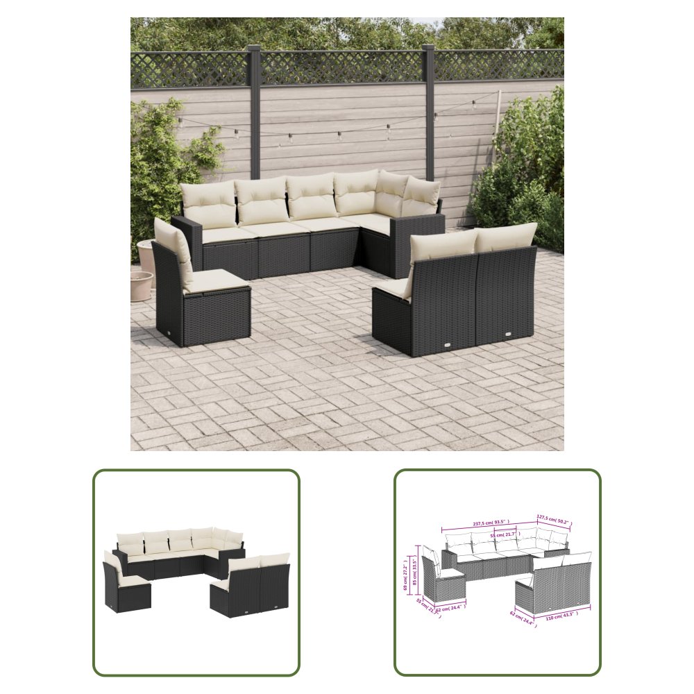 The Living Store 8-cz. zestaw wypoczynkowy do ogrodu - z poduszkami - czarny - Sofa Ogrodowa