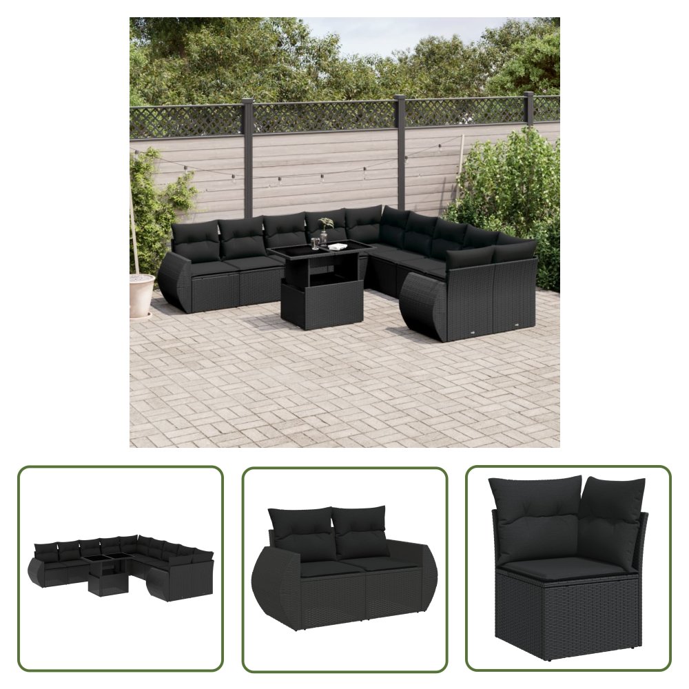 The Living Store 11-cz. zestaw wypoczynkowy do ogrodu - poduszki czarny rattan PE - Sofa Ogrodowa
