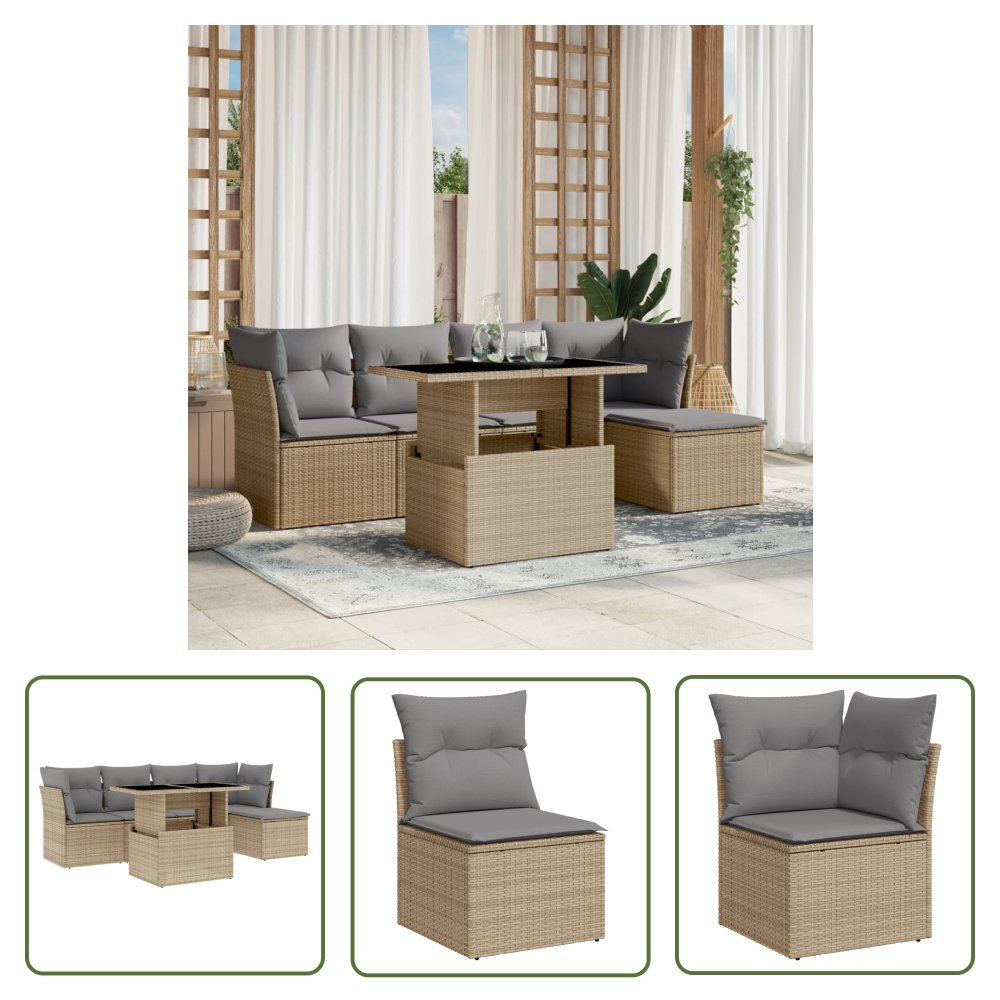 The Living Store 6-cz. zestaw mebli ogrodowych z poduszkami - beżowy - polirattan - Sofa Ogrodowa