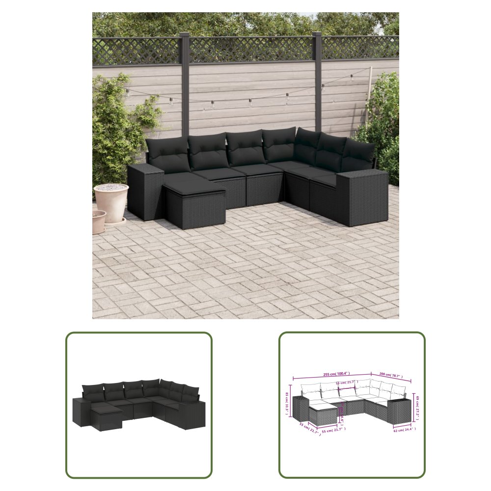 The Living Store 7-cz. zestaw wypoczynkowy do ogrodu - z poduszkami - czarny - Sofa Ogrodowa