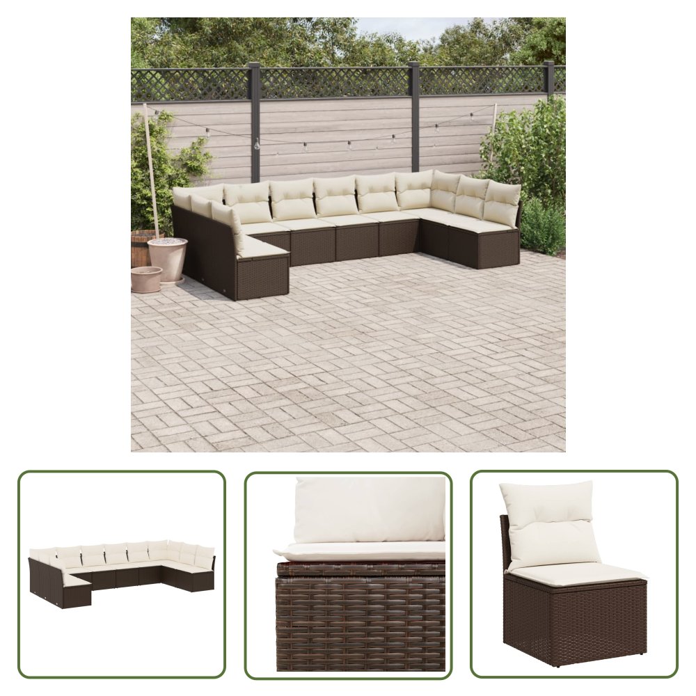 The Living Store 10-cz. zestaw mebli ogrodowych z poduszkami - brązowy polirattan - Sofa Ogrodowa