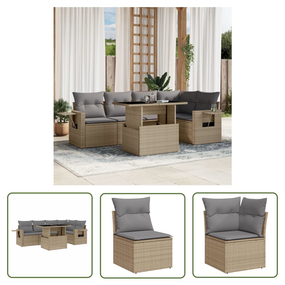 The Living Store 6-cz. zestaw mebli ogrodowych z poduszkami - beżowy - polirattan - Sofa Ogrodowa