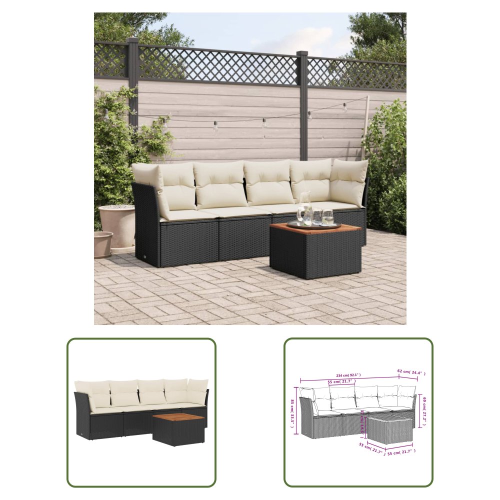The Living Store 5-cz. zestaw wypoczynkowy do ogrodu - poduszki - czarny rattan PE - Sofa Ogrodowa