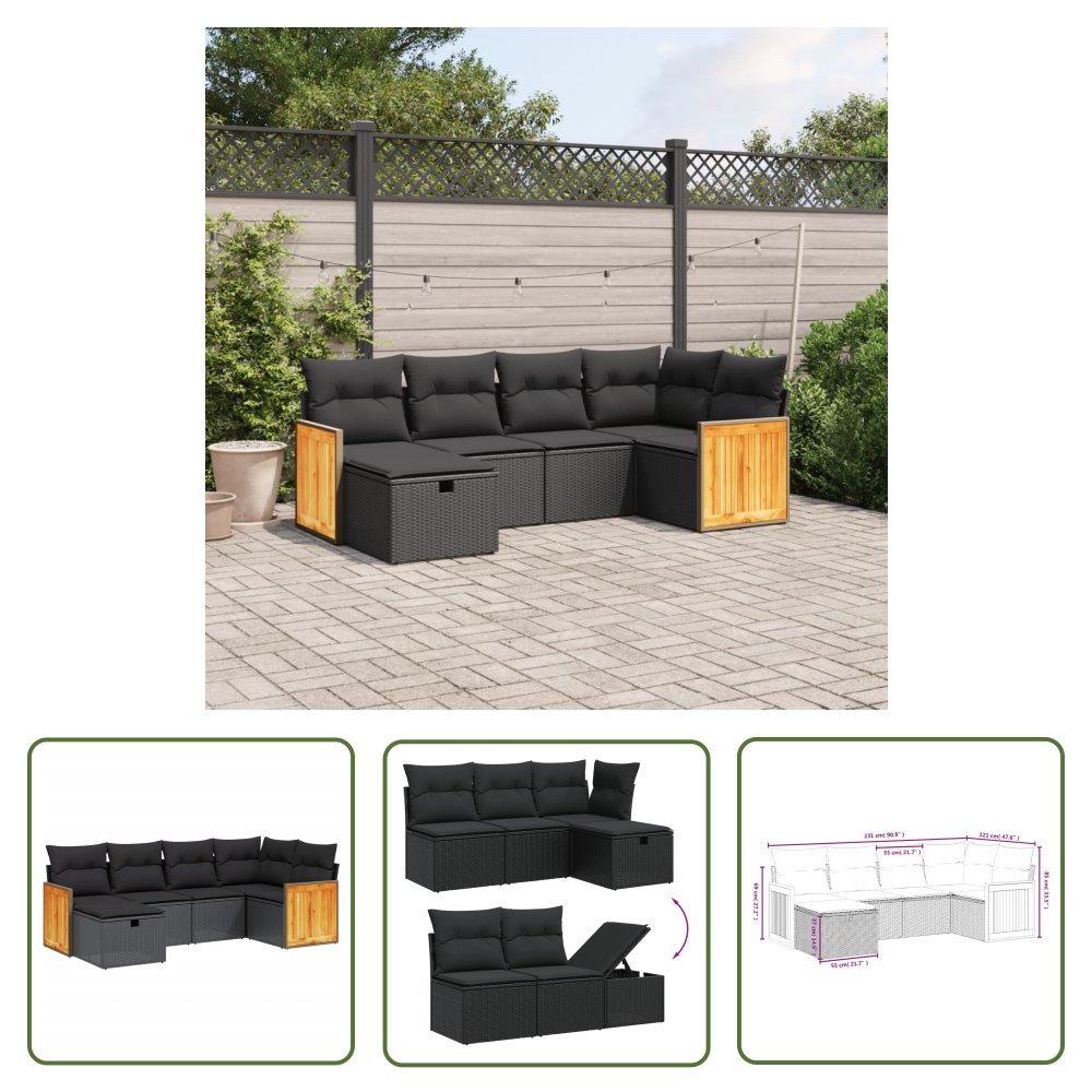 The Living Store 6-cz. zestaw mebli ogrodowych z poduszkami - czarny polirattan - Sofa Ogrodowa