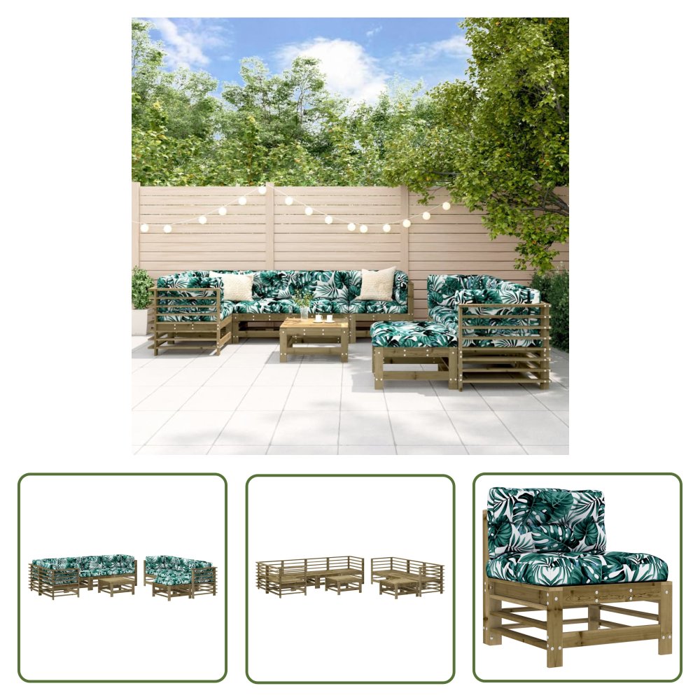The Living Store 10-cz. zestaw mebli do ogrodu - z poduszkami - impregnowana sosna - Meble Ogrodowe