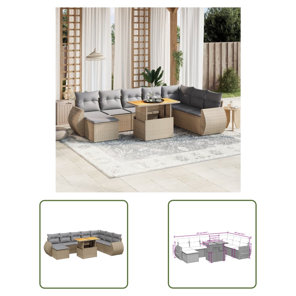 The Living Store 9-cz. zestaw mebli ogrodowych z poduszkami - beżowy - polirattan - Sofa Ogrodowa
