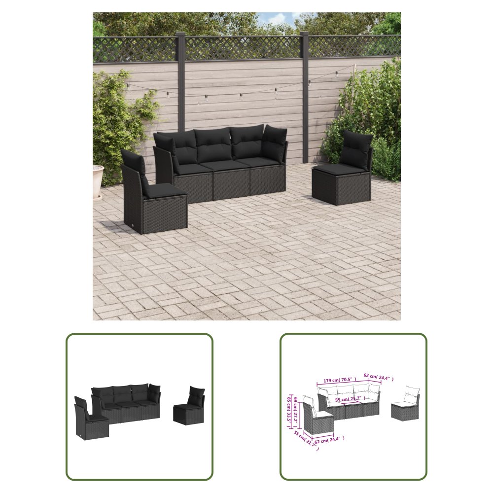 The Living Store 5-cz. zestaw wypoczynkowy do ogrodu - poduszki - czarny rattan PE - Sofa Ogrodowa