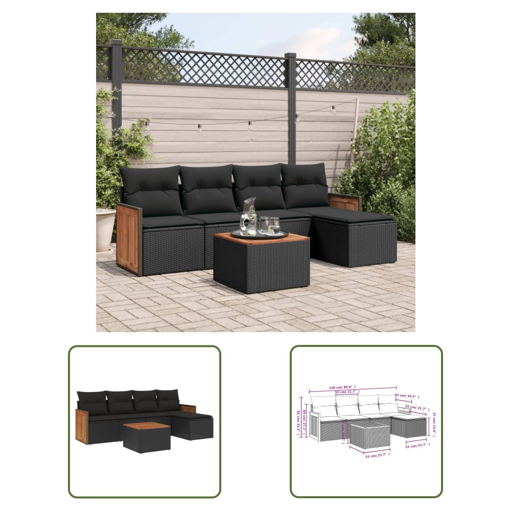 The Living Store 6-cz. zestaw mebli ogrodowych z poduszkami - czarny polirattan - Sofa Ogrodowa