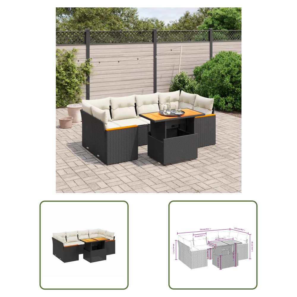 The Living Store 7-cz. zestaw wypoczynkowy do ogrodu - z poduszkami - czarny - Sofa Ogrodowa