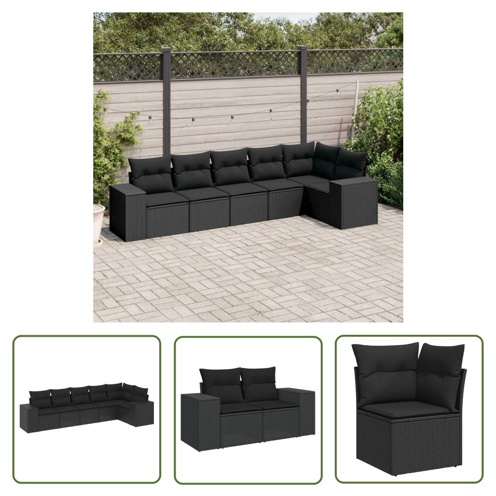 The Living Store 6-cz. zestaw mebli ogrodowych z poduszkami - czarny polirattan - Sofa Ogrodowa