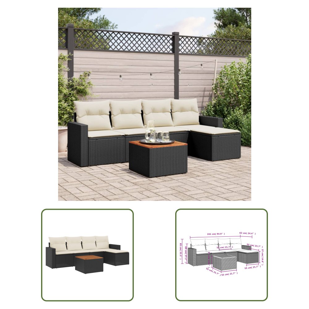 The Living Store 6-cz. zestaw mebli ogrodowych z poduszkami - czarny polirattan - Sofa Ogrodowa