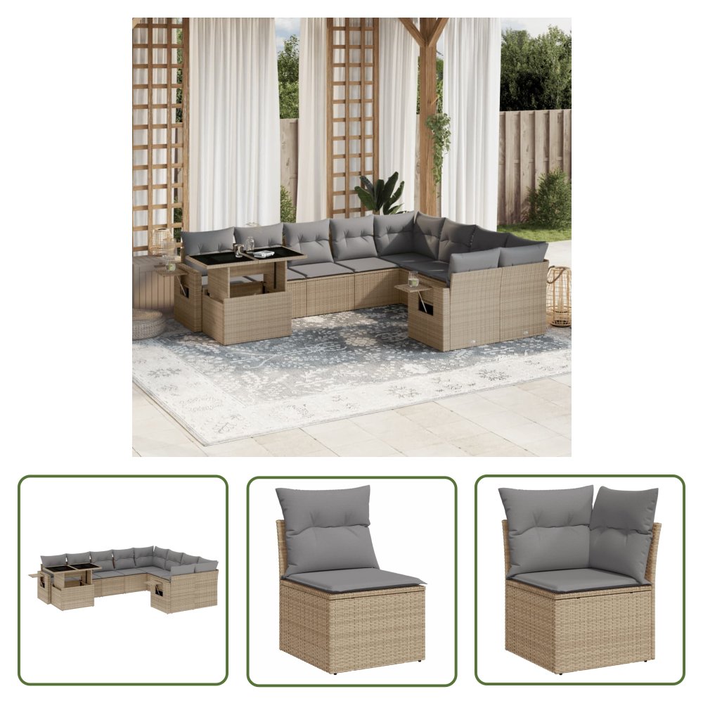 The Living Store 10-cz. zestaw mebli ogrodowych z poduszkami - beżowy - polirattan - Sofa Ogrodowa