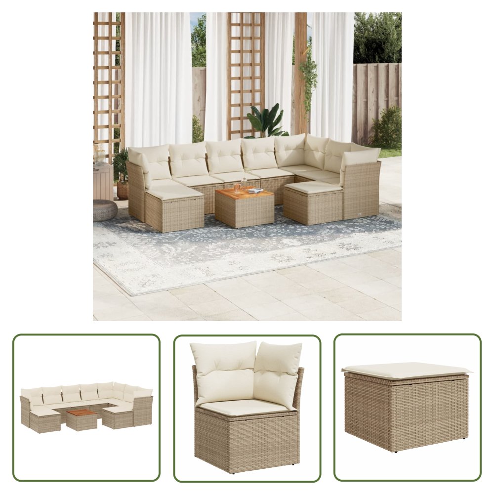 The Living Store 10-cz. zestaw mebli ogrodowych z poduszkami - beżowy - polirattan - Sofa Ogrodowa