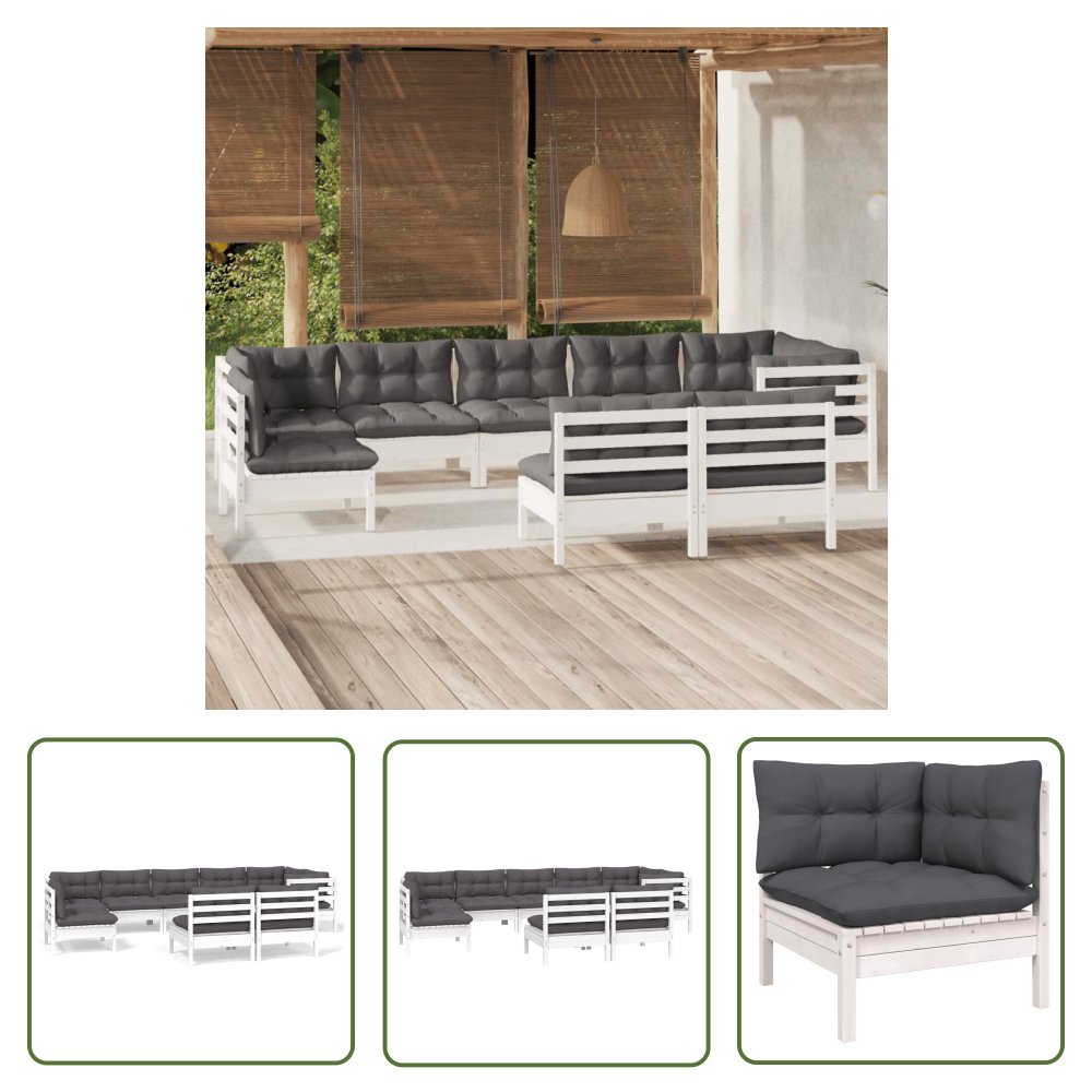 The Living Store 9-cz. zestaw wypoczynkowy do ogrodu - poduszki - biała sosna - Zestaw Wypoczynkowy Do Ogrodu