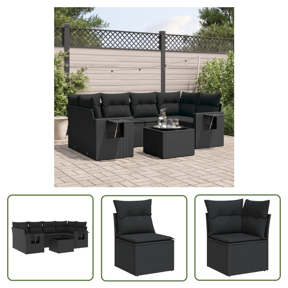 The Living Store 7-cz. zestaw wypoczynkowy do ogrodu - z poduszkami - czarny - Sofa Ogrodowa