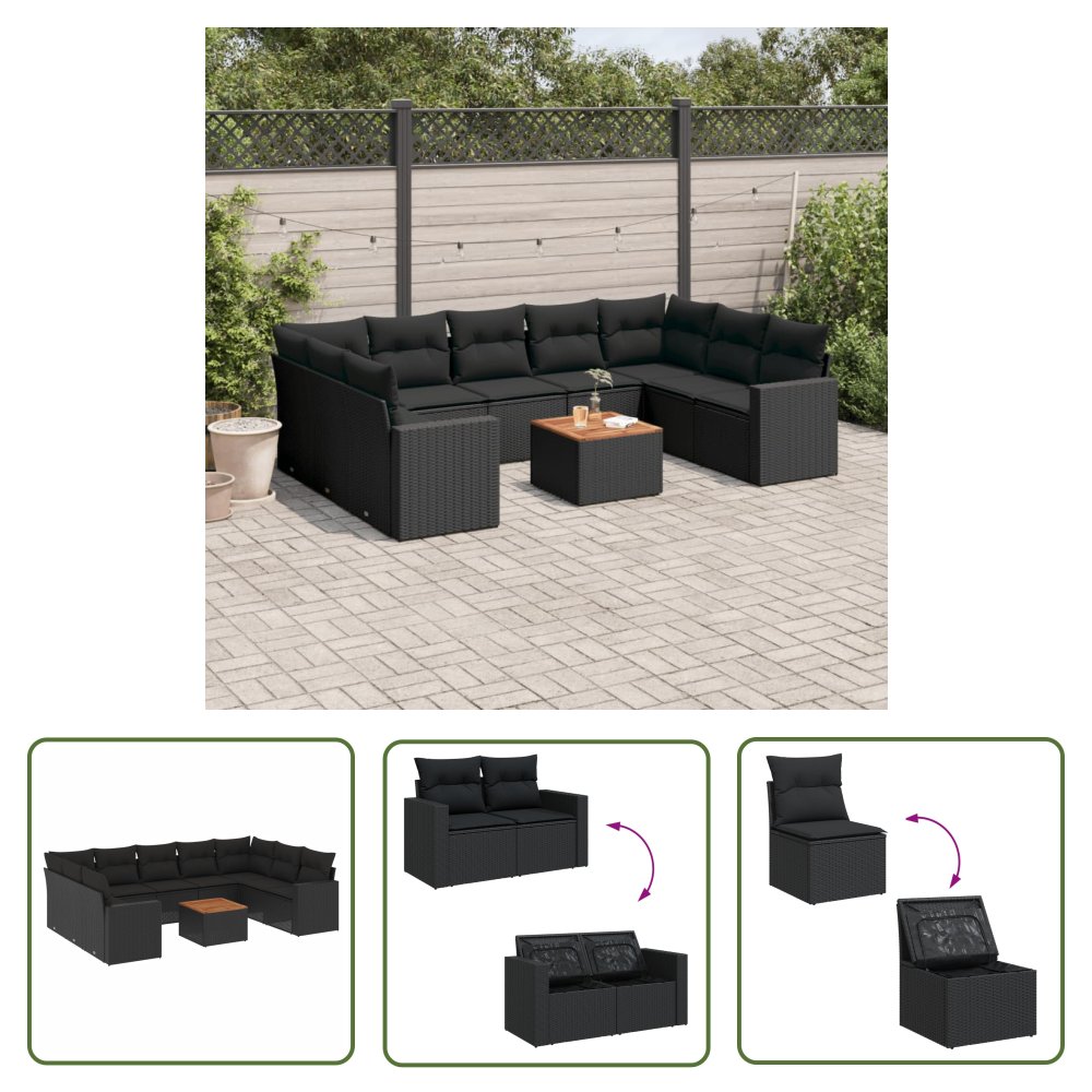 The Living Store 10-cz. zestaw wypoczynkowy do ogrodu - poduszki czarny rattan PE - Sofa Ogrodowa