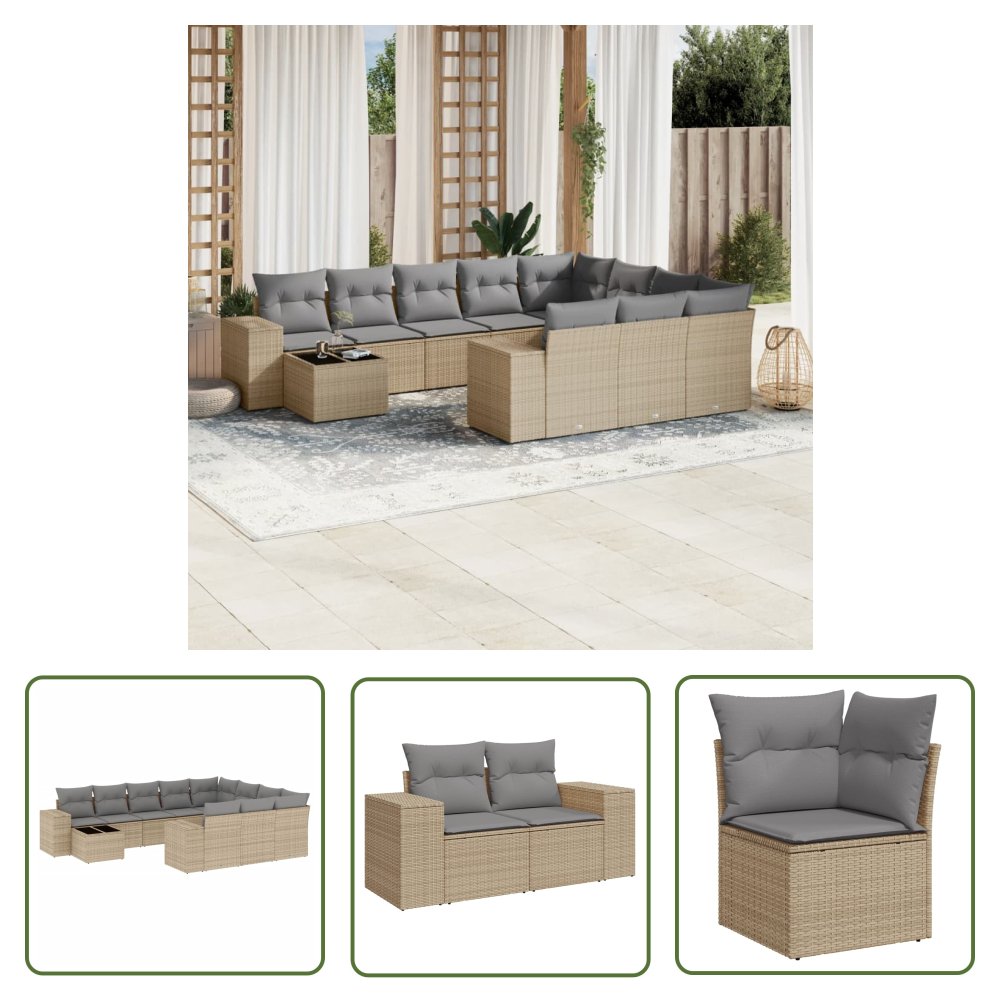 The Living Store 11-cz. zestaw mebli ogrodowych z poduszkami - beżowy - polirattan - Sofa Ogrodowa