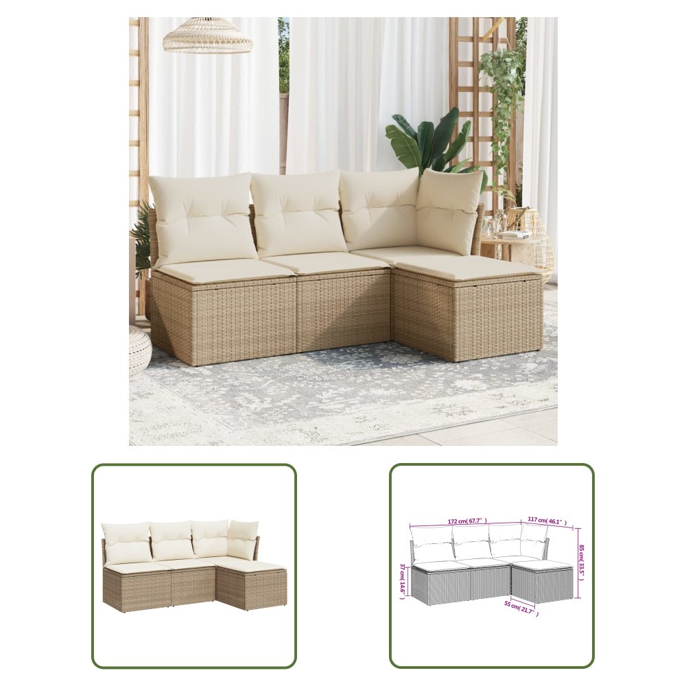 The Living Store 4-cz. zestaw mebli ogrodowych z poduszkami - beżowy - polirattan - Sofa Ogrodowa