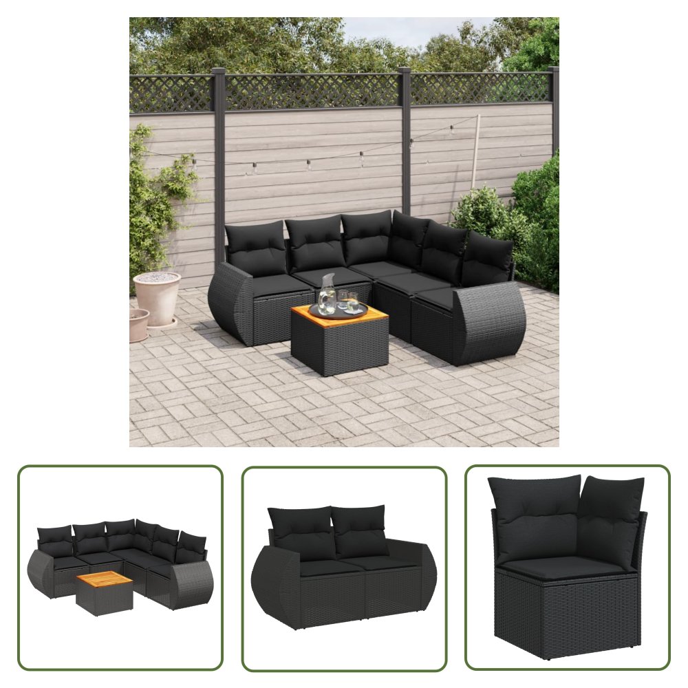 The Living Store 6-cz. zestaw mebli ogrodowych z poduszkami - czarny polirattan - Sofa Ogrodowa