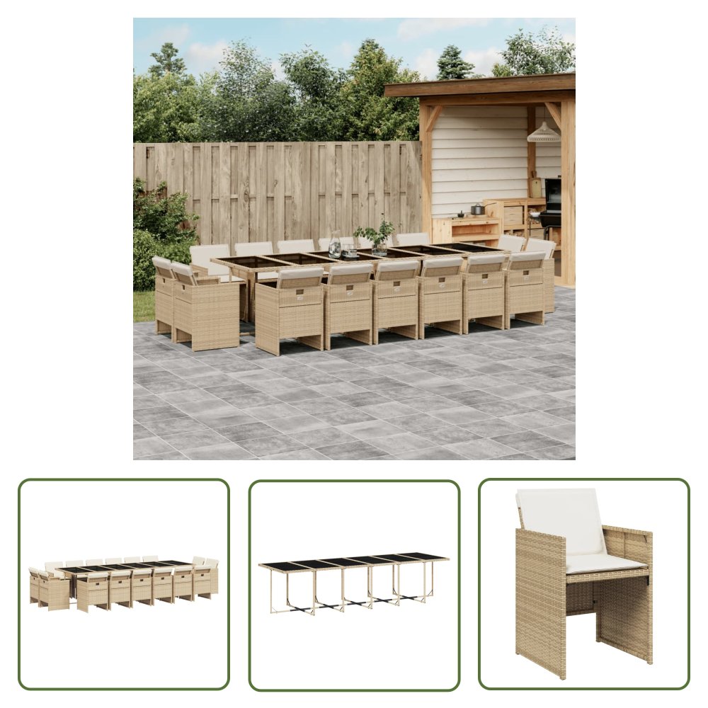 The Living Store 17-cz. zestaw mebli ogrodowych z poduszkami - beż - polirattan - Meble Ogrodowe