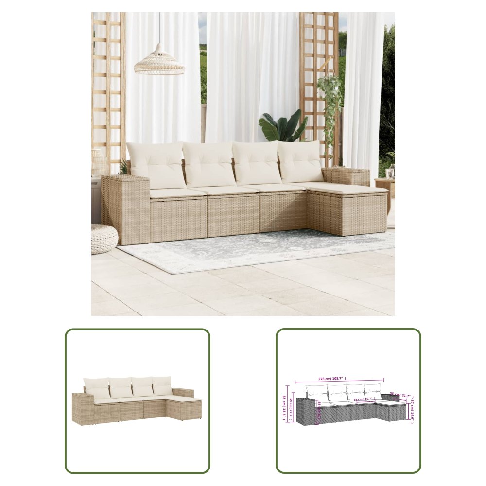 The Living Store 5-cz. zestaw mebli ogrodowych z poduszkami - beżowy - polirattan - Sofa Ogrodowa