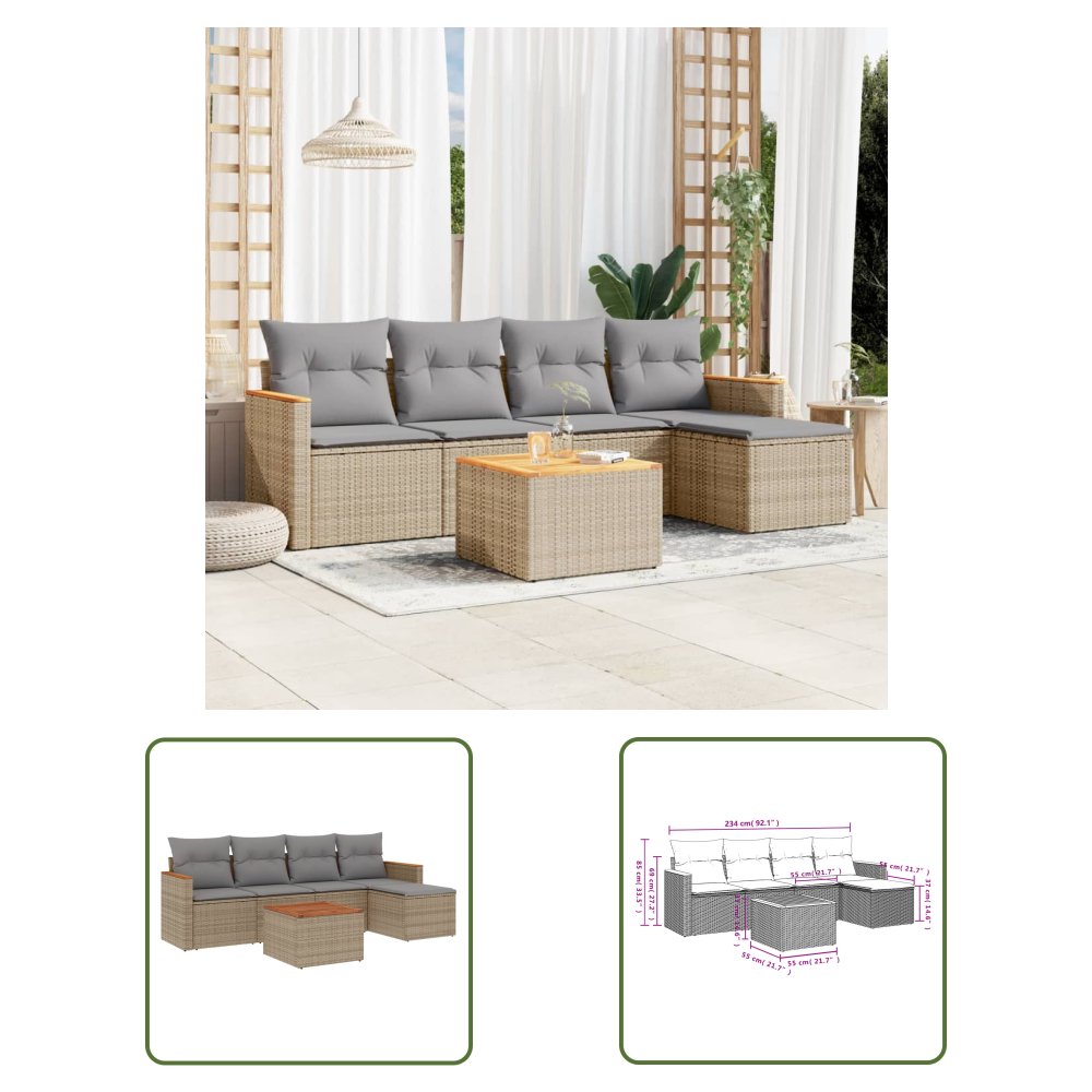 The Living Store 6-cz. zestaw mebli ogrodowych z poduszkami - beżowy - polirattan - Sofa Ogrodowa