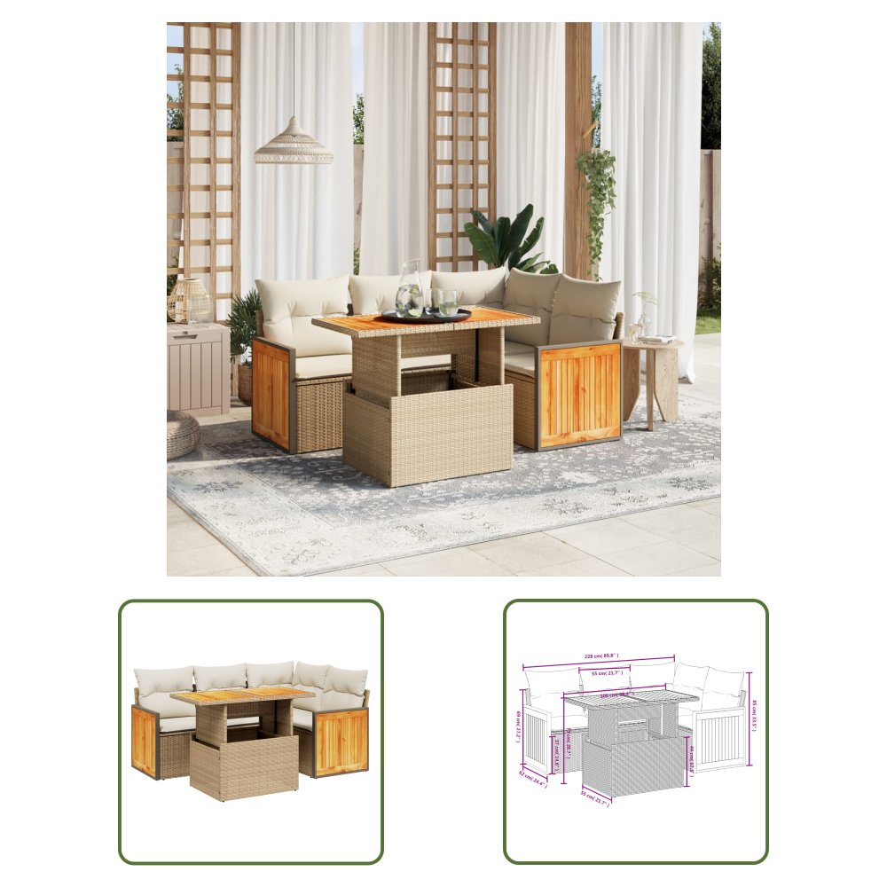 The Living Store 5-cz. zestaw mebli ogrodowych z poduszkami - beżowy - polirattan - Sofa Ogrodowa