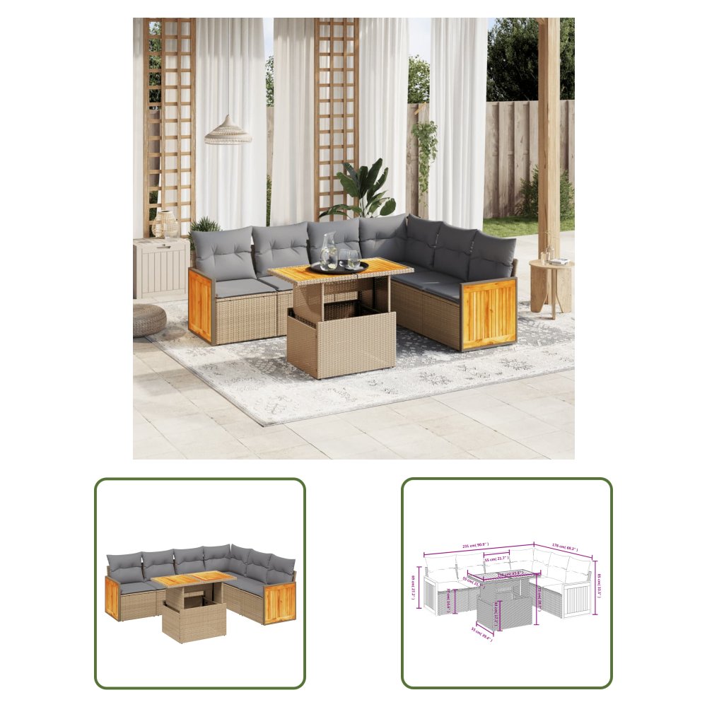 The Living Store 7-cz. zestaw wypoczynkowy do ogrodu - z poduszkami - beżowy - Sofa Ogrodowa