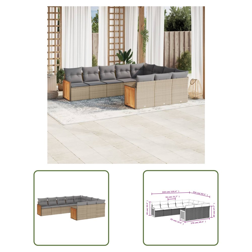 The Living Store 10-cz. zestaw mebli ogrodowych z poduszkami - beżowy - polirattan - Sofa Ogrodowa