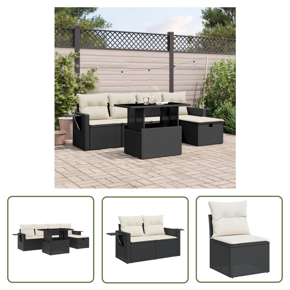The Living Store 6-cz. zestaw mebli ogrodowych z poduszkami - czarny polirattan - Sofa Ogrodowa