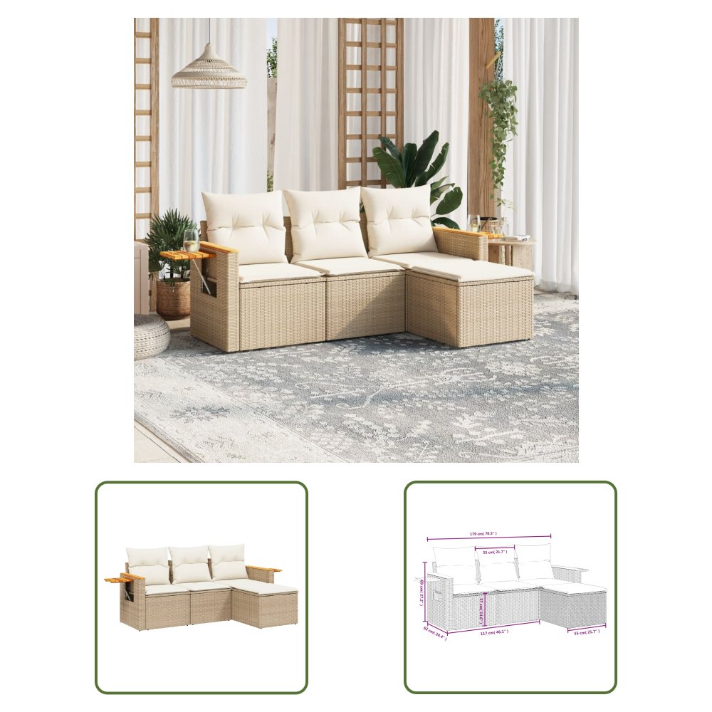 The Living Store 4-cz. zestaw mebli ogrodowych z poduszkami - beżowy - polirattan - Sofa Ogrodowa
