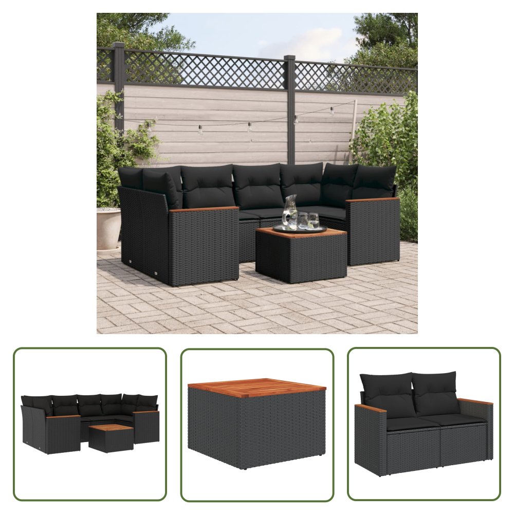 The Living Store 7-cz. zestaw wypoczynkowy do ogrodu - z poduszkami - czarny - Sofa Ogrodowa