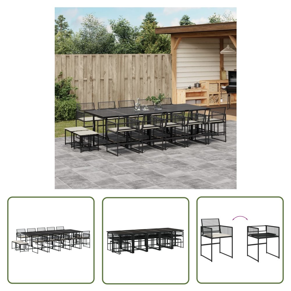 The Living Store 15-cz. zestaw mebli ogrodowych z poduszkami - czarny - rattan PE - Meble Ogrodowe