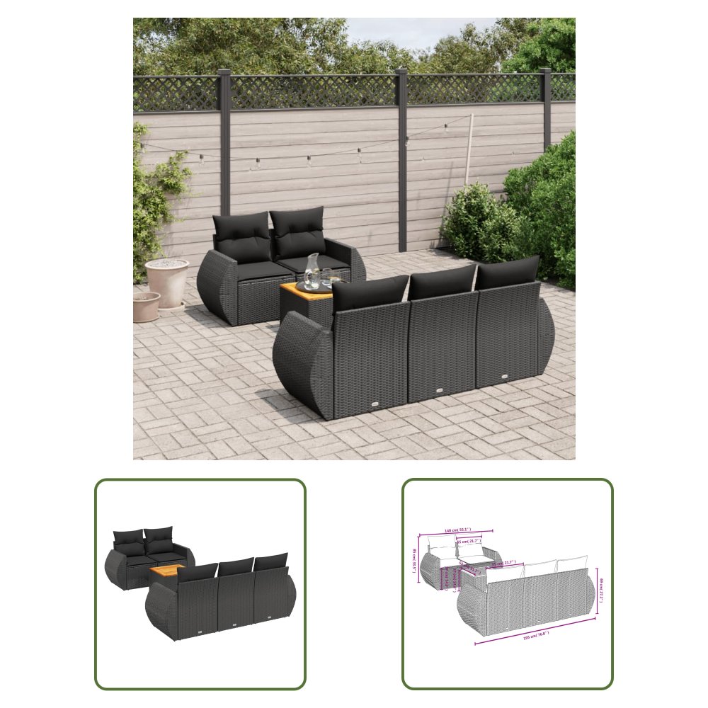 The Living Store 6-cz. zestaw mebli ogrodowych z poduszkami - czarny polirattan - Sofa Ogrodowa