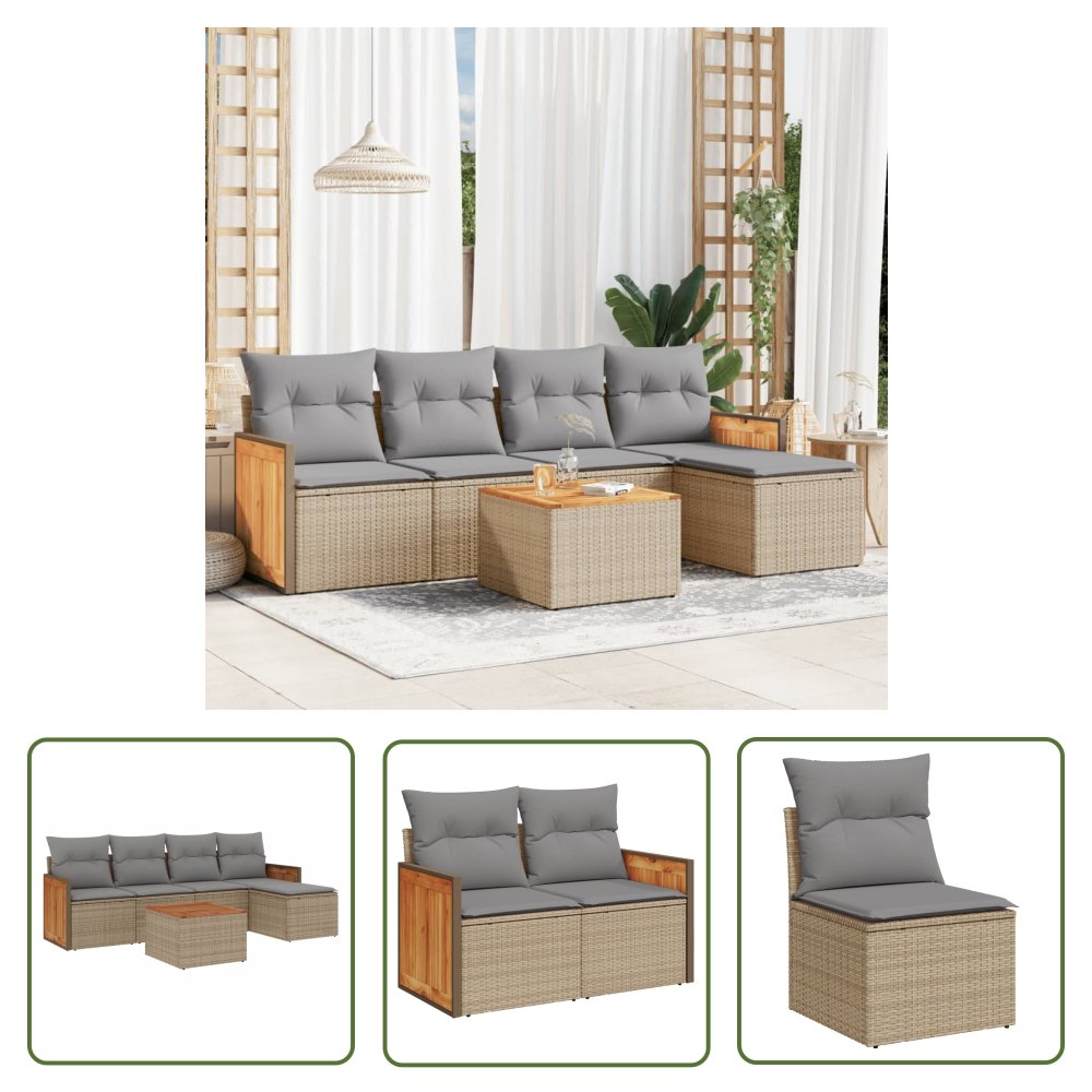 The Living Store 6-cz. zestaw mebli ogrodowych z poduszkami - beżowy - polirattan - Sofa Ogrodowa
