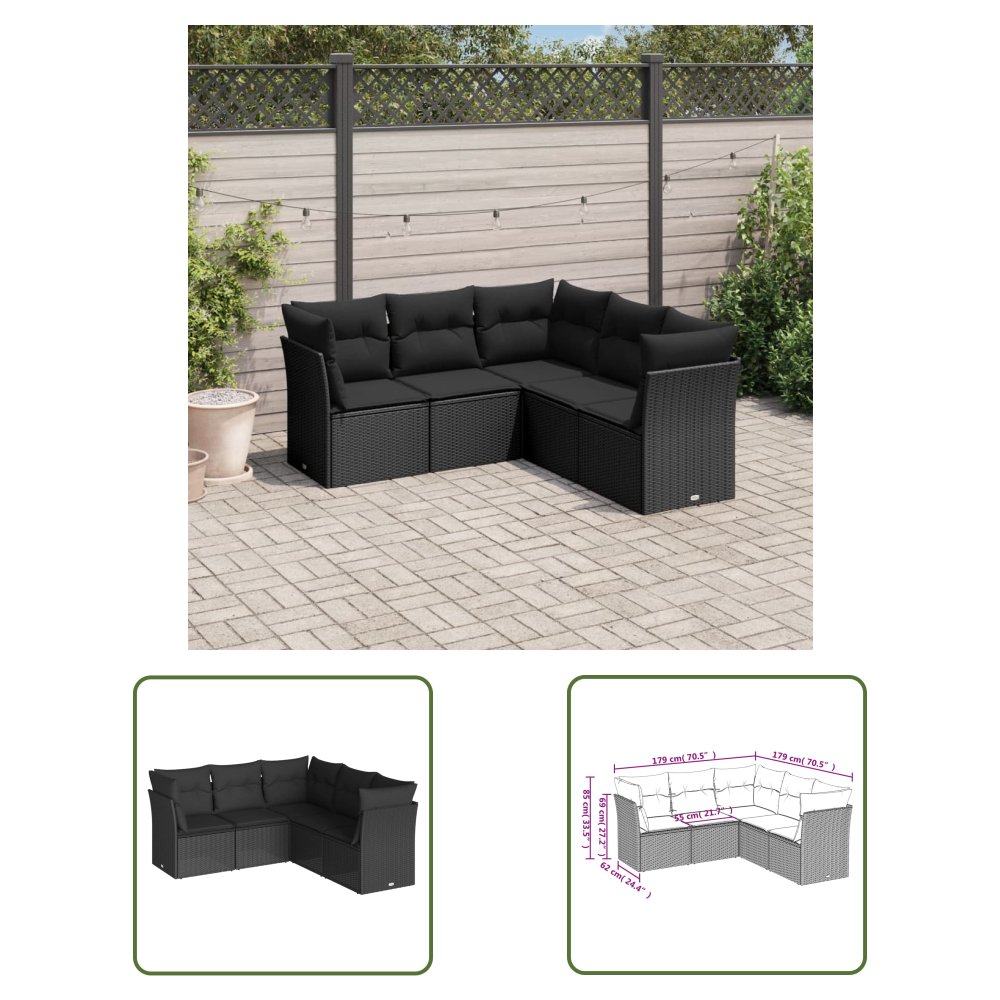 The Living Store 5-cz. zestaw wypoczynkowy do ogrodu - poduszki - czarny rattan PE - Sofa Ogrodowa