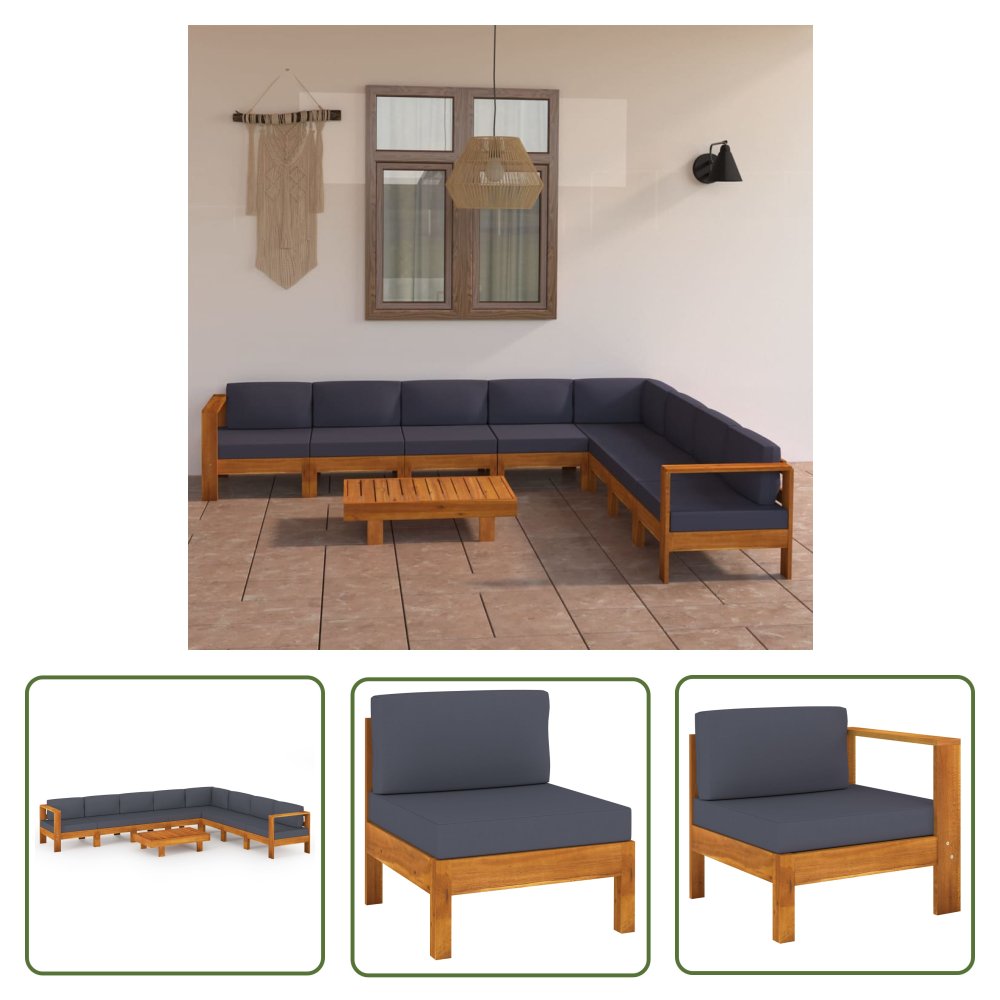 The Living Store 9-cz. zestaw mebli ogrodowych - ciemnoszare poduszki - akacja - Ogrodowy Zestaw Wypoczynkowy